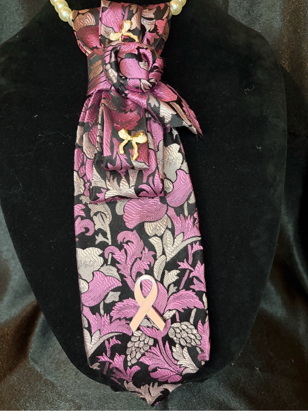 Pink and Black Floral Brocade Necklace Tie with Ribbon Pin